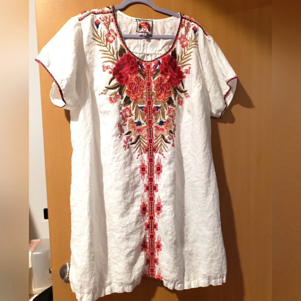 2X Johnny Was Floral Embroidered Linen Shift Dress